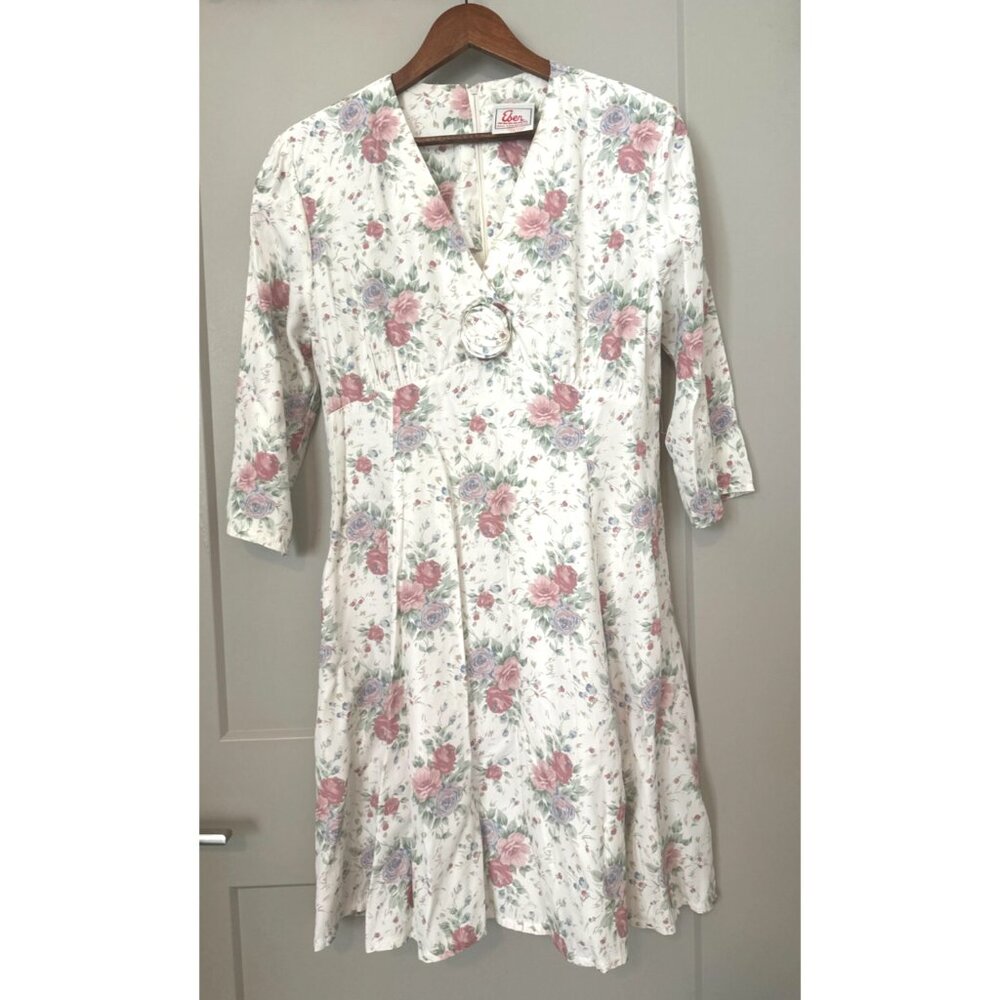 Vtg Eber San Francis Dress Size 11/12 White Floral Roses 3/4 Sleeves
